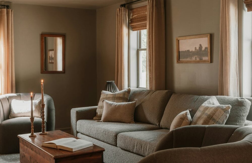 Cosy living room with a sofa, candles and long curtains in warm evening light