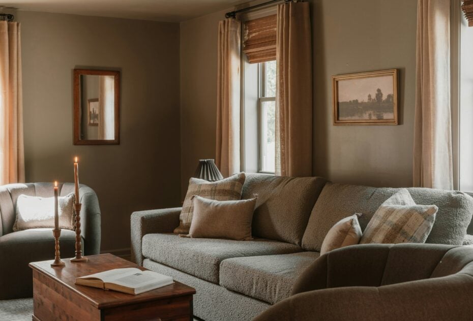 Cosy living room with a sofa, candles and long curtains in warm evening light