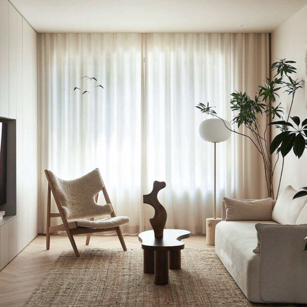 Living room with natural linen-look curtains and a lounge chair