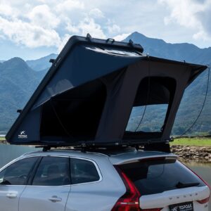 TOPOAK Galaxy Light hard shell rooftop tent open on an SUV by a mountain lake